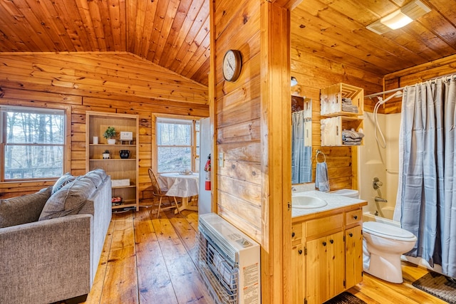 57 Coffee Pot Dr, Blue Ridge, GA 30513 - bathroom featuring wooden ceiling, wooden walls, lofted ceiling, hardwood / wood-style flooring, and shower / bathtub combination with curtain