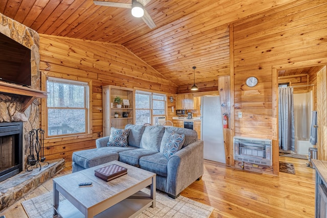 57 Coffee Pot Dr, Blue Ridge, GA 30513 - living area featuring heating unit, a fireplace, wooden ceiling, wooden walls, and a ceiling fan