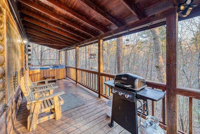 57 Coffee Pot Dr, Blue Ridge, GA 30513 - wooden terrace with a hot tub and area for grilling