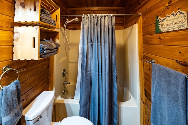 57 Coffee Pot Dr, Blue Ridge, GA 30513 - full bathroom with wooden ceiling, shower / bathtub combination with curtain, wooden walls, and toilet