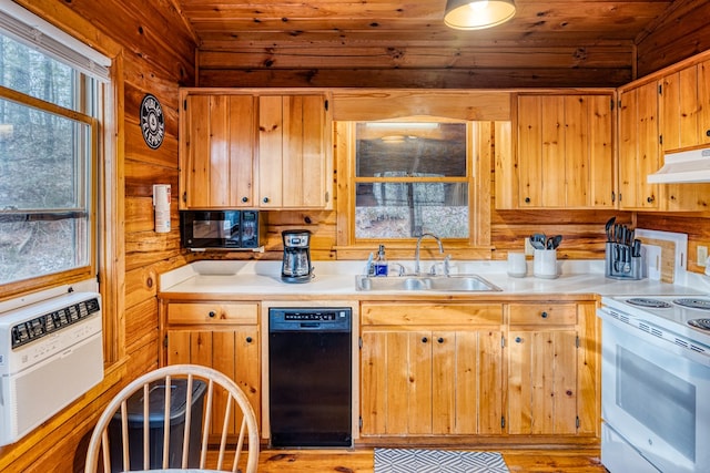 57 Coffee Pot Dr, Blue Ridge, GA 30513 - kitchen with a sink, black appliances, under cabinet range hood, light countertops, and wood ceiling