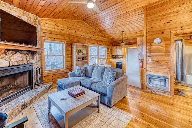 57 Coffee Pot Dr, Blue Ridge, GA 30513 - living room featuring a fireplace, heating unit, wooden ceiling, lofted ceiling, and a ceiling fan