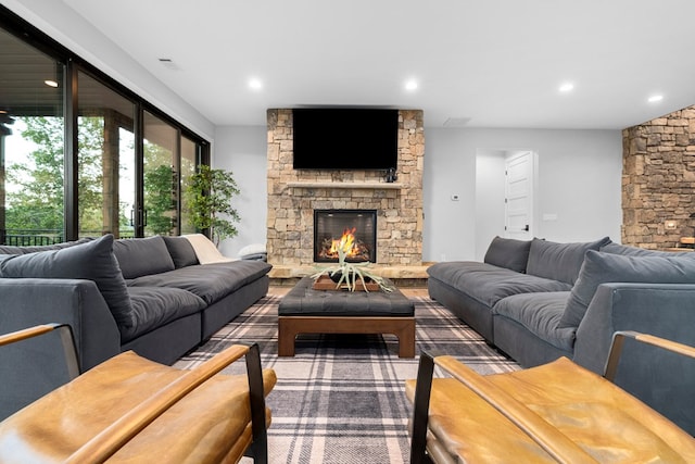 living room featuring a fireplace