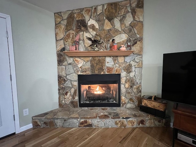 details featuring wood-type flooring and a stone fireplace