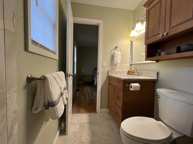 bathroom featuring hardwood / wood-style floors, vanity, and toilet