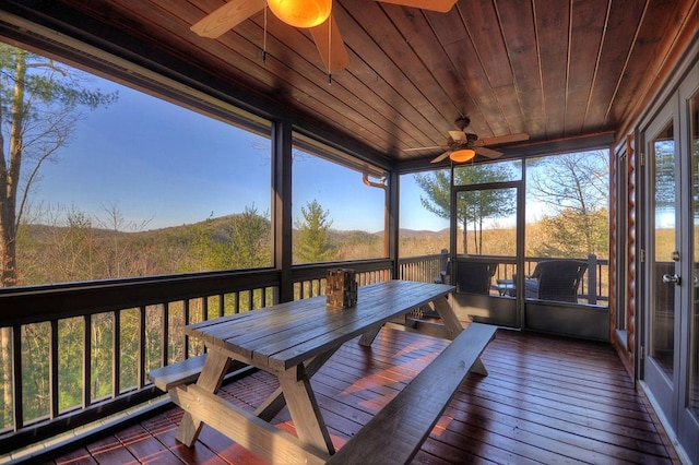 sunroom / solarium with wooden ceiling and ceiling fan