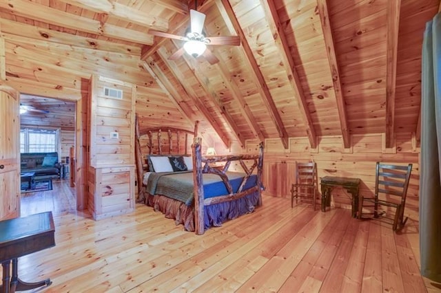 bedroom with visible vents, light wood-style floors, wooden walls, wooden ceiling, and lofted ceiling with beams