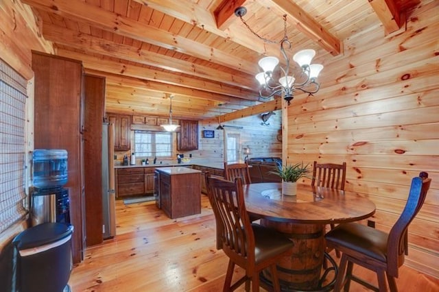 dining space with wood walls, beamed ceiling, wooden ceiling, light wood-style flooring, and a notable chandelier