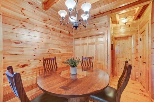 dining area with beamed ceiling, light wood-style floors, wooden walls, a chandelier, and wooden ceiling