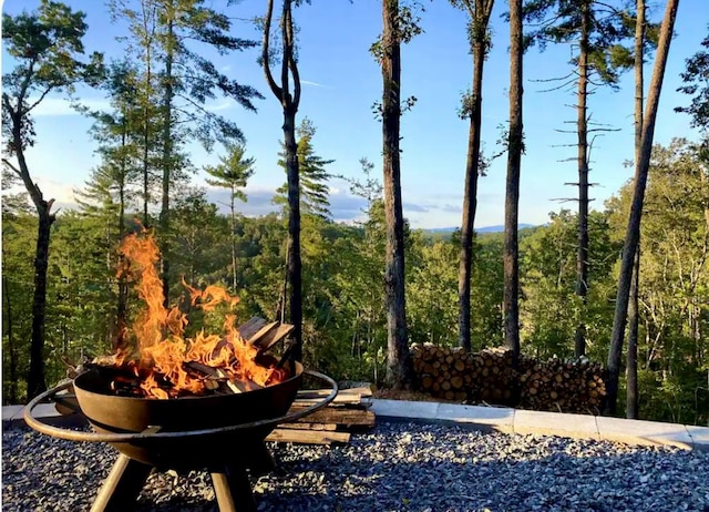 view of yard with a fire pit