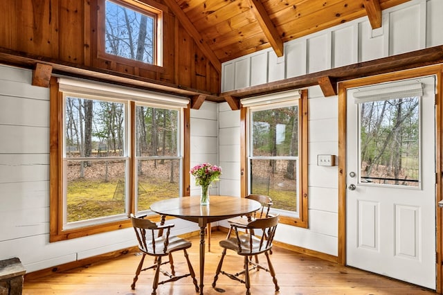 sunroom with wooden ceiling and vaulted ceiling with beams