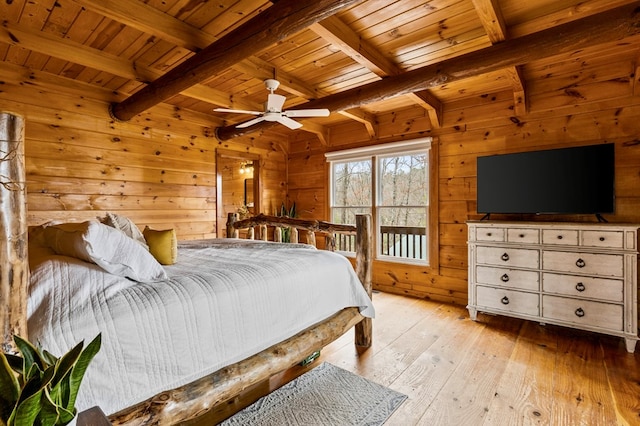 bedroom featuring wooden walls, beamed ceiling, wooden ceiling, and light wood-type flooring