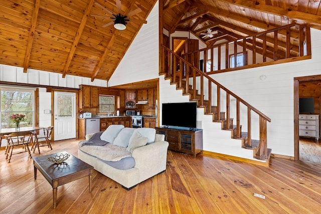 living area featuring light wood-type flooring, a ceiling fan, wooden walls, wooden ceiling, and stairs