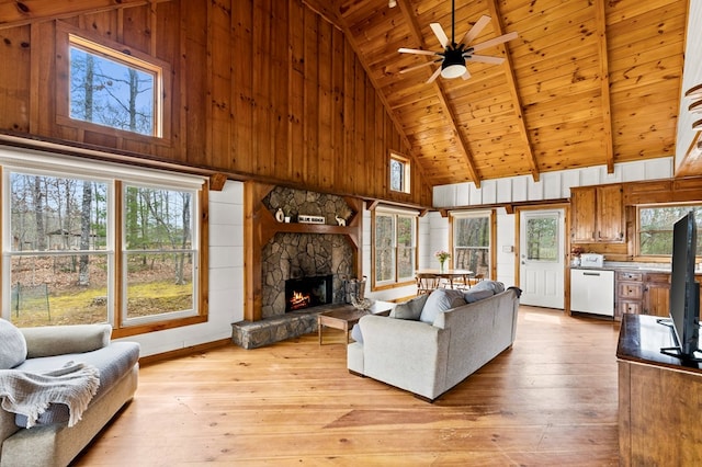 living area featuring a fireplace, wood ceiling, wooden walls, and light wood-style floors