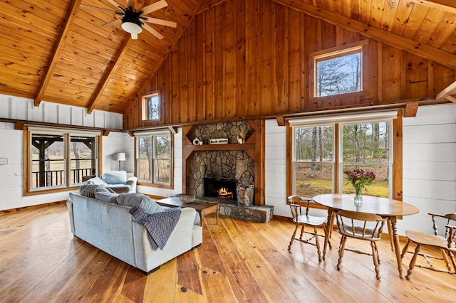 living room featuring wooden walls, a fireplace, wood ceiling, and wood-type flooring