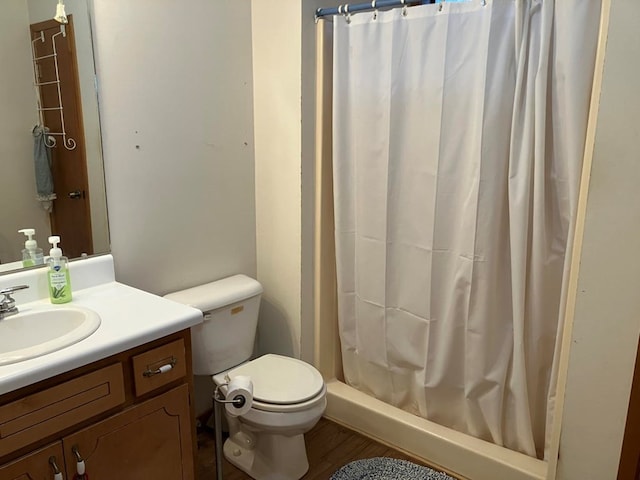 147 Holly Ridge Ln, Murphy, NC 28906 - bathroom featuring hardwood / wood-style floors, vanity, curtained shower, and toilet