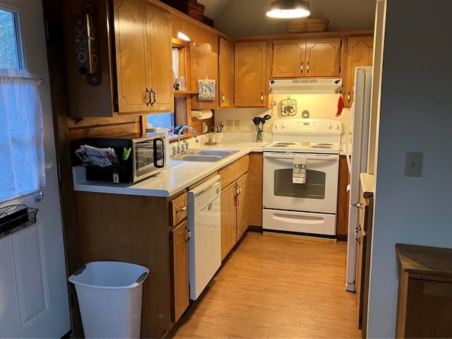 147 Holly Ridge Ln, Murphy, NC 28906 - kitchen with white appliances, sink, and light hardwood / wood-style flooring