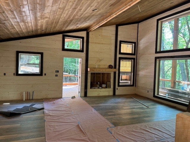 doorway to outside with hardwood / wood-style flooring, a wealth of natural light, wooden walls, and vaulted ceiling