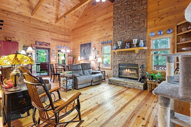 80 Stegall Mill Rdg, Ellijay, GA 30536 - living room featuring high vaulted ceiling, light wood finished floors, wooden walls, a fireplace, and a wood ceiling with exposed beams