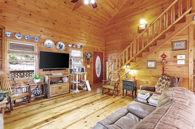 80 Stegall Mill Rdg, Ellijay, GA 30536 - living area featuring stairs, wooden walls, high vaulted ceiling, hardwood / wood-style floors, and ceiling fan