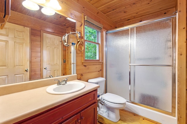80 Stegall Mill Rdg, Ellijay, GA 30536 - bathroom with wooden ceiling, a stall shower, vanity, wooden walls, and wood finished floors