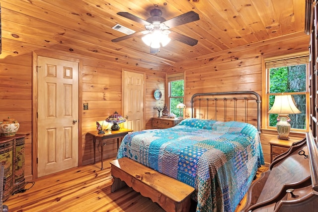 80 Stegall Mill Rdg, Ellijay, GA 30536 - bedroom featuring light wood-style floors, wood walls, multiple windows, wood ceiling, and ceiling fan