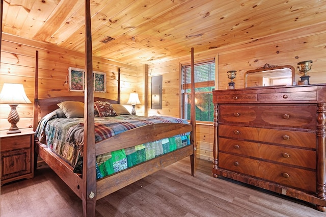 80 Stegall Mill Rdg, Ellijay, GA 30536 - bedroom featuring wood ceiling, wood walls, wood finished floors, and electric panel