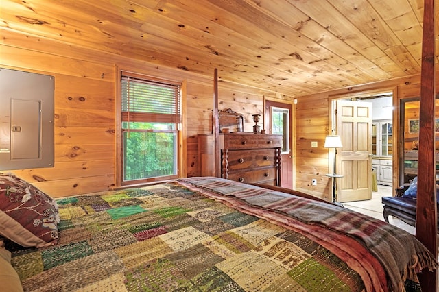 80 Stegall Mill Rdg, Ellijay, GA 30536 - bedroom featuring electric panel, wood walls, wooden ceiling, and carpet