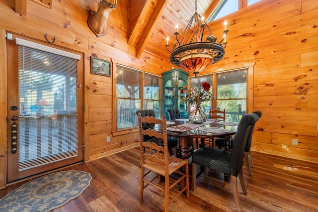 dining room featuring a wealth of natural light, wood-type flooring, beam ceiling, and wooden walls