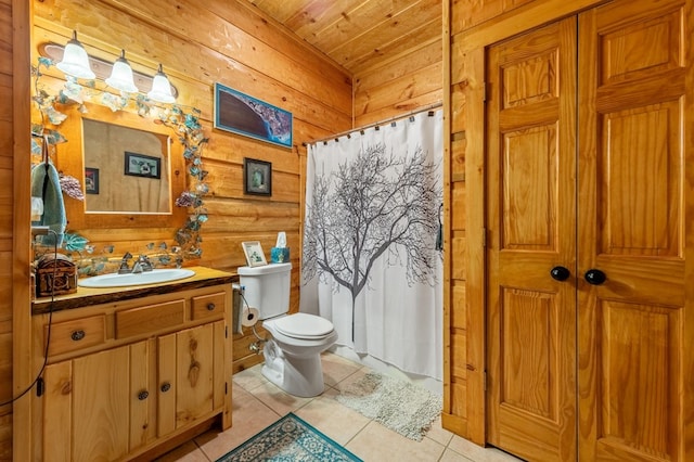 bathroom with tile patterned flooring, wooden ceiling, toilet, vanity, and rustic walls