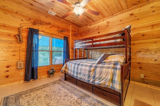 bedroom featuring ceiling fan, wooden ceiling, tile patterned flooring, and wood walls