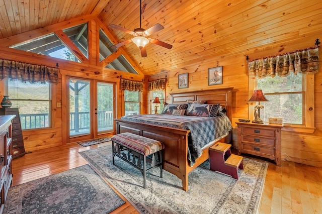 bedroom featuring ceiling fan, wooden ceiling, light wood-type flooring, access to exterior, and wood walls