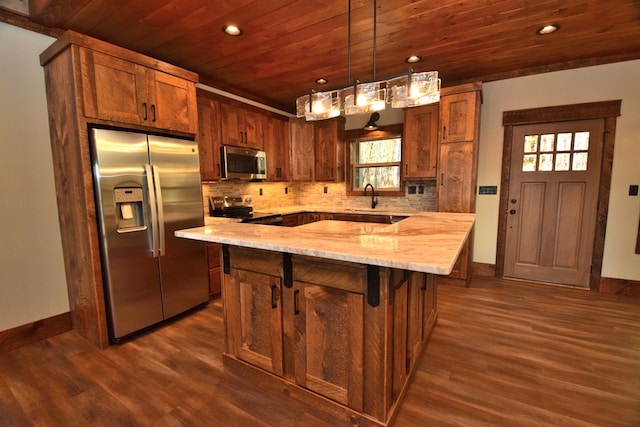 kitchen with wooden ceiling, dark wood-type flooring, and stainless steel appliances