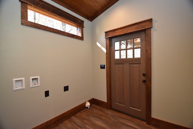 foyer with plenty of natural light, wood ceiling, lofted ceiling, and wood-type flooring