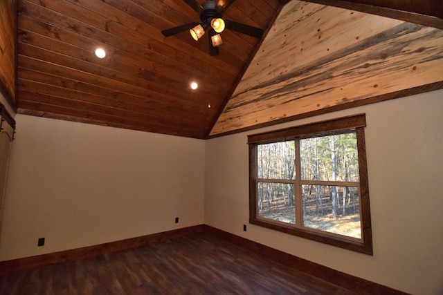 additional living space featuring ceiling fan, dark hardwood / wood-style flooring, wood ceiling, and lofted ceiling