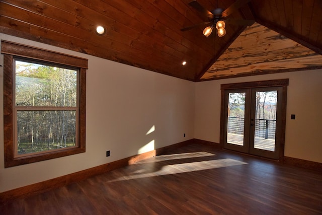 additional living space with ceiling fan, french doors, wooden ceiling, dark hardwood / wood-style floors, and lofted ceiling