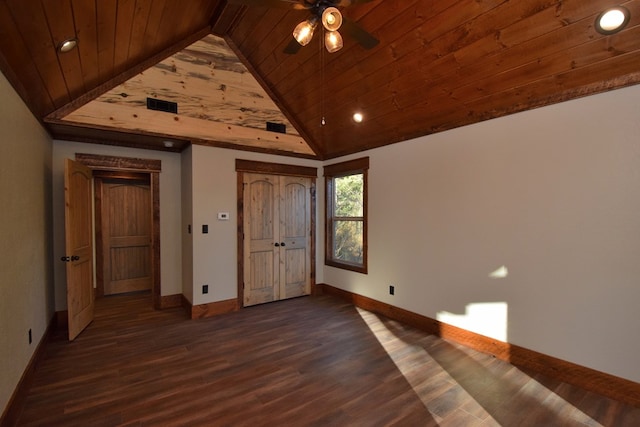 unfurnished bedroom featuring dark hardwood / wood-style floors, ceiling fan, wood ceiling, and lofted ceiling