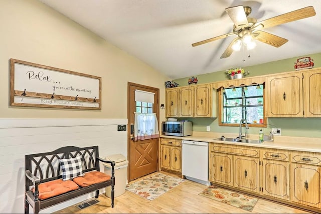 34 Clover Ln, Murphy, NC 28906 - kitchen with dishwasher, stainless steel microwave, light wood-style floors, vaulted ceiling, and healthy amount of natural light