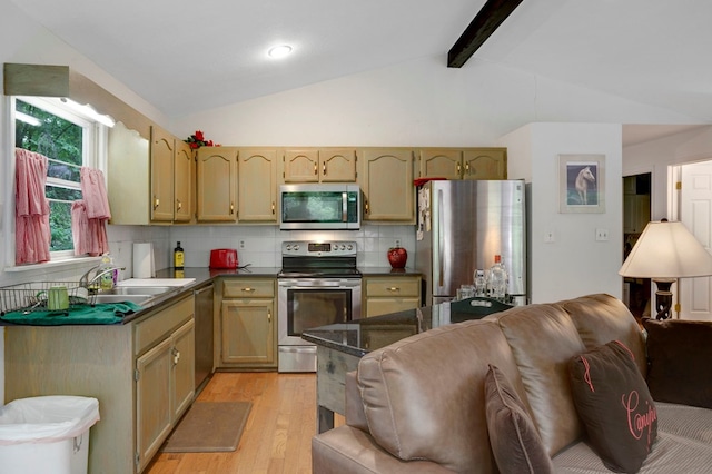 249 Chatuge Woods Dr, Hayesville, NC 28904 - kitchen featuring appliances with stainless steel finishes, light wood-style floors, a sink, dark countertops, and tasteful backsplash