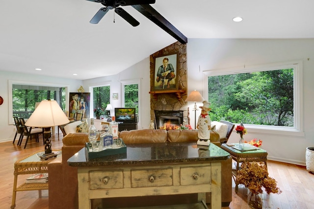 249 Chatuge Woods Dr, Hayesville, NC 28904 - living room featuring light wood-type flooring, a stone fireplace, ceiling fan, baseboards, and recessed lighting