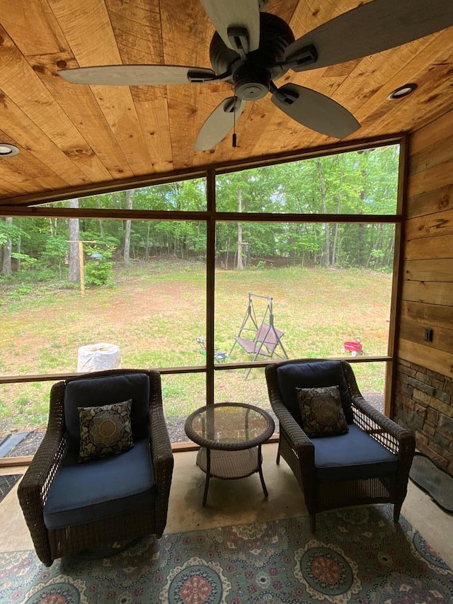 sunroom featuring ceiling fan, wood ceiling, and lofted ceiling