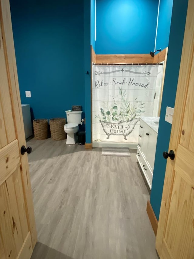 bathroom featuring hardwood / wood-style floors, vanity, and toilet