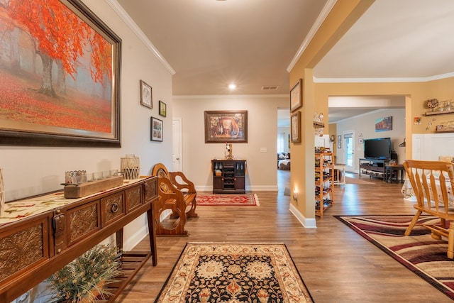 56 Highland Pointe Dr, Ellijay, GA 30536 - hallway featuring wood finished floors, ornamental molding, and recessed lighting