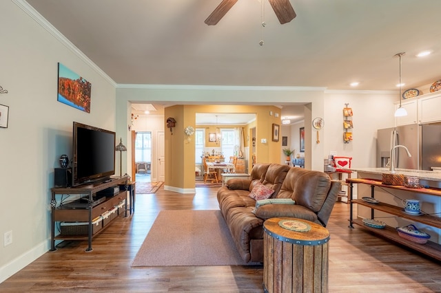 56 Highland Pointe Dr, Ellijay, GA 30536 - living room featuring ornamental molding, ceiling fan, and wood finished floors