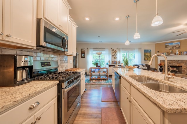 56 Highland Pointe Dr, Ellijay, GA 30536 - kitchen with appliances with stainless steel finishes, ornamental molding, wood finished floors, decorative backsplash, and decorative light fixtures