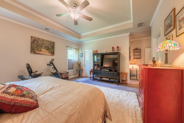 56 Highland Pointe Dr, Ellijay, GA 30536 - bedroom featuring a raised ceiling, carpet floors, ornamental molding, and a ceiling fan