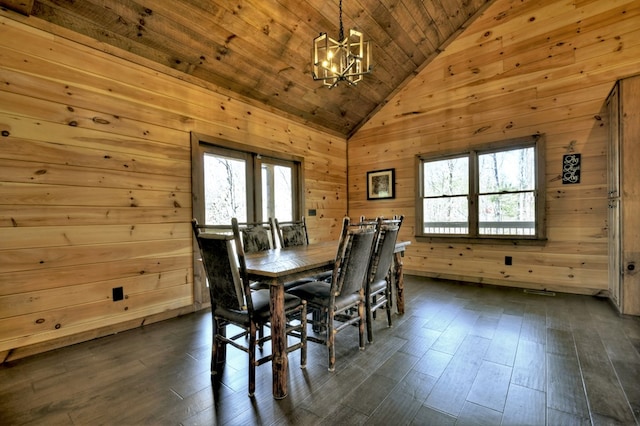dining space with wood ceiling, wood walls, dark wood-type flooring, and an inviting chandelier