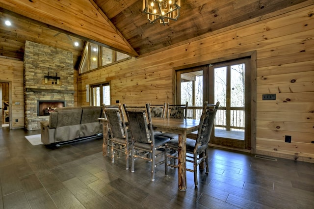 dining room featuring wood walls, french doors, an inviting chandelier, wooden ceiling, and high vaulted ceiling