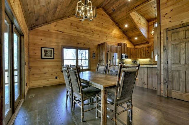 dining room featuring dark wood-style flooring, wood walls, and a notable chandelier