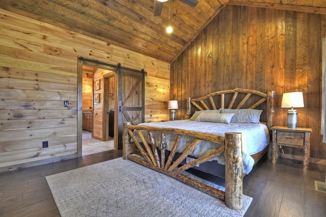 bedroom with wooden walls, a barn door, lofted ceiling, wood ceiling, and wood-type flooring